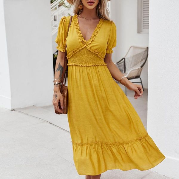 casual dresses 2021 summer elegant v-neck ruffles dress women high waist solid color floral ladies slim yellow sundress, Black;gray
casual dresses 2021 summer elegant v-neck ruffles dress women high waist solid color floral ladies slim yellow sundress, Black;gray
