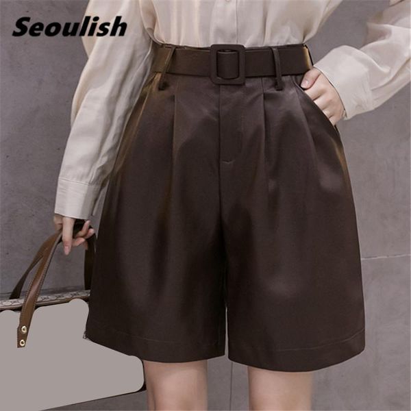 women's shorts seoulish 2021 autumn winter pu leather with belt stylish high waist pockets wide legged ladies trouses female, White;black
women's shorts seoulish 2021 autumn winter pu leather with belt stylish high waist pockets wide legged ladies trouses female, White;black