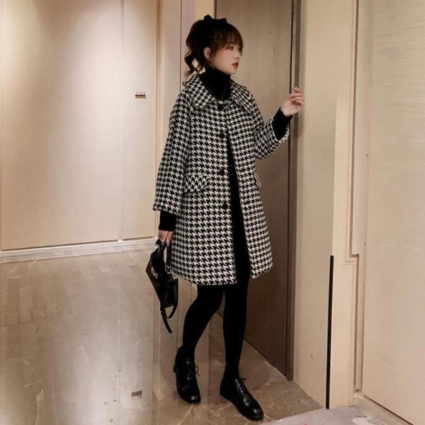 women's wool & blends autumn winter woman houndstooth woolen coat female thick and loose streetwear ladies turn-down collar button over, Black
women's wool & blends autumn winter woman houndstooth woolen coat female thick and loose streetwear ladies turn-down collar button over, Black