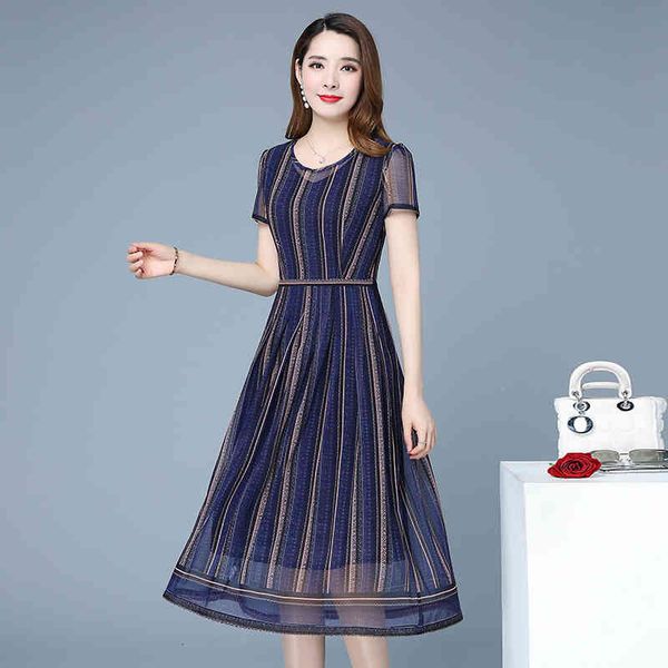 casual dresses -4xl women voile summer fashion elegant striped short-sleeve full slim thin long female breathable r5fn, Black;gray