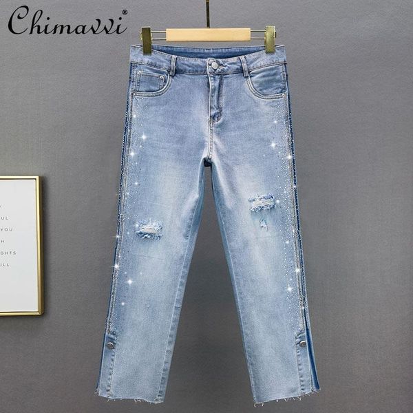 women's jeans light blue rhinestone for women thin 2021 summer high waist loose elastic fashion fake ripped cropped straight pants
women's jeans light blue rhinestone for women thin 2021 summer high waist loose elastic fashion fake ripped cropped straight pants