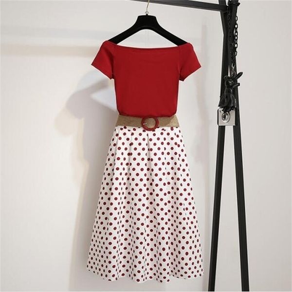 summer two piece tshirt sets women off shoulder solid crop +high waist dot print a-line skirt suits with braided belt 210730, White
summer two piece tshirt sets women off shoulder solid crop +high waist dot print a-line skirt suits with braided belt 210730, White