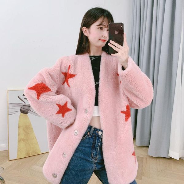 women's fur & faux real sheep wool jacket women winter 2022 arrival v-neck collar clothes pattern of stars oversized coat female, Black
women's fur & faux real sheep wool jacket women winter 2022 arrival v-neck collar clothes pattern of stars oversized coat female, Black