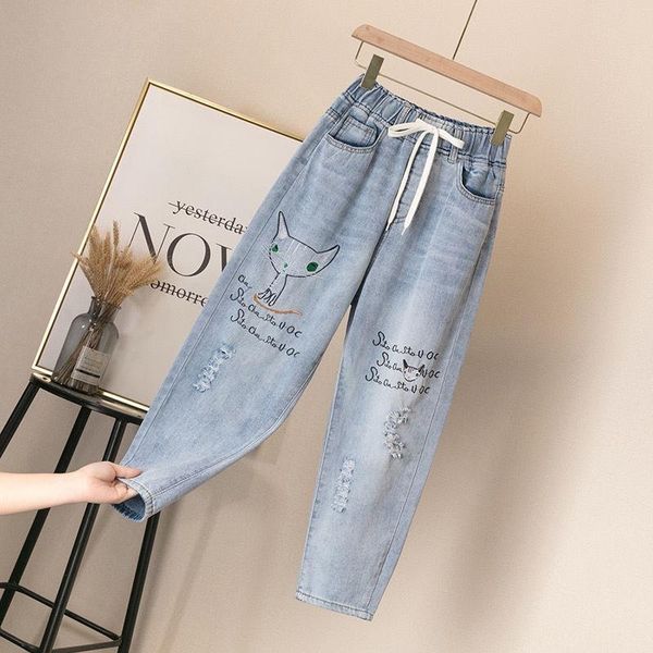 ripped high waist mom women jean plus size denim vintage embroidery elastic ankle length trousers baggy, Blue 
ripped high waist mom women jean plus size denim vintage embroidery elastic ankle length trousers baggy, Blue