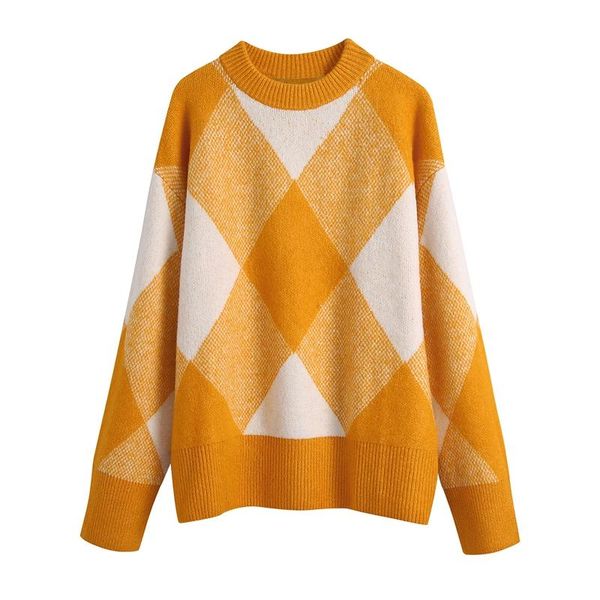 women's sweaters 2021 early autumn fashion all-match retro round neck long-sleeved diamond pattern jacquard sweater, White;black
women's sweaters 2021 early autumn fashion all-match retro round neck long-sleeved diamond pattern jacquard sweater, White;black