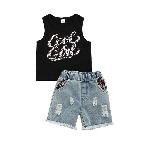 2pcs little girls outfit, toddlers creative leopard print letter printing round collar sleeveless + ripped denim shorts clothing sets, White
2pcs little girls outfit, toddlers creative leopard print letter printing round collar sleeveless + ripped denim shorts clothing sets, White
