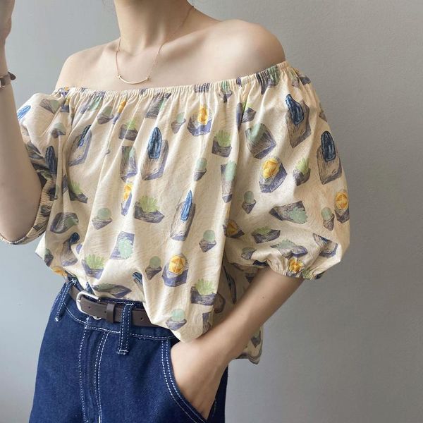 women's blouses & shirts 2021 summer korean style fashion off shoulder blouse women vintage print shirt female slash neck loose wo, White
women's blouses & shirts 2021 summer korean style fashion off shoulder blouse women vintage print shirt female slash neck loose wo, White