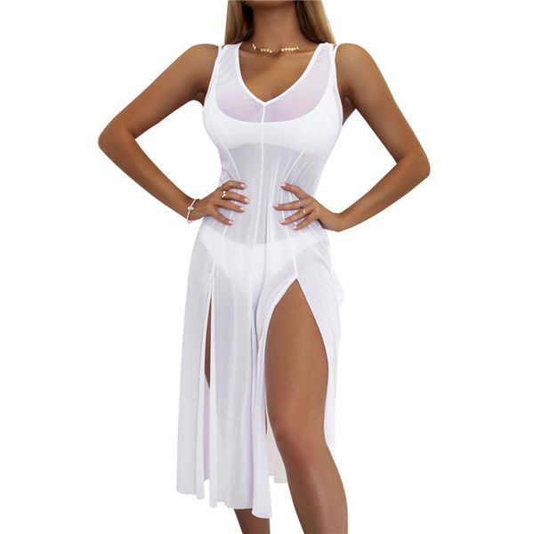 women's swimwear summer women beach dress solid color sheer sleeveless bikini cover short/long dresses with side slits for girls up, White;black
women's swimwear summer women beach dress solid color sheer sleeveless bikini cover short/long dresses with side slits for girls up, White;black