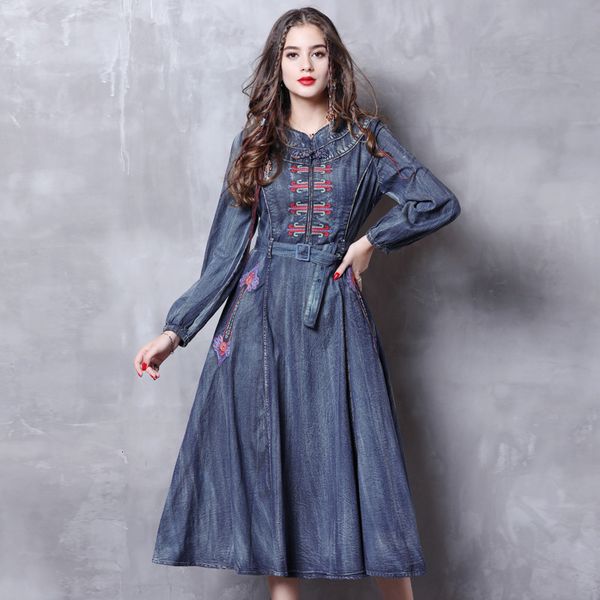 casual dresses spring woman denim vintage embroidery long women high waist belt a-line pocket vestidos femme streetwear senn, Black;gray
casual dresses spring woman denim vintage embroidery long women high waist belt a-line pocket vestidos femme streetwear senn, Black;gray