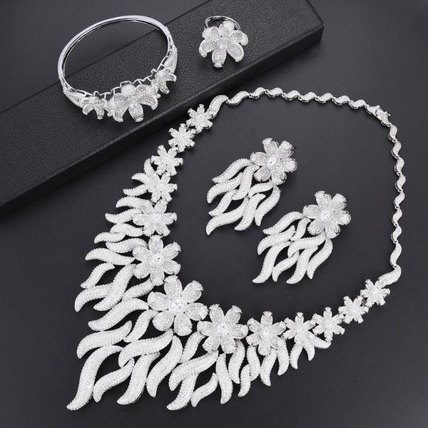 earrings & necklace luxury cluster flower dubai collar bangle ring fashion jewelry set for women african wedding, Silver
earrings & necklace luxury cluster flower dubai collar bangle ring fashion jewelry set for women african wedding, Silver