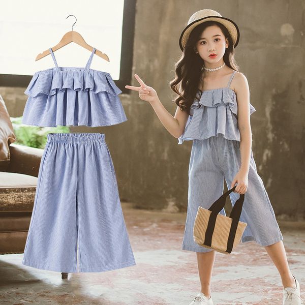 children's suit korean children clothes set summer backless shirts and wide leg pants for teenage blue stripes two piece birthday outfi, White
children's suit korean children clothes set summer backless shirts and wide leg pants for teenage blue stripes two piece birthday outfi, White