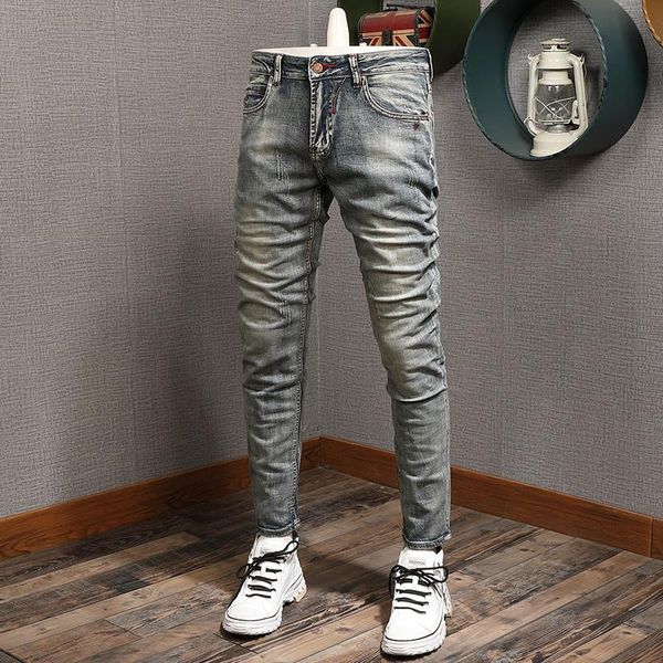 men's jeans european american vintage fashion men distressed wash retro elastic slim ripped embroidery designer denim pants, Blue
men's jeans european american vintage fashion men distressed wash retro elastic slim ripped embroidery designer denim pants, Blue