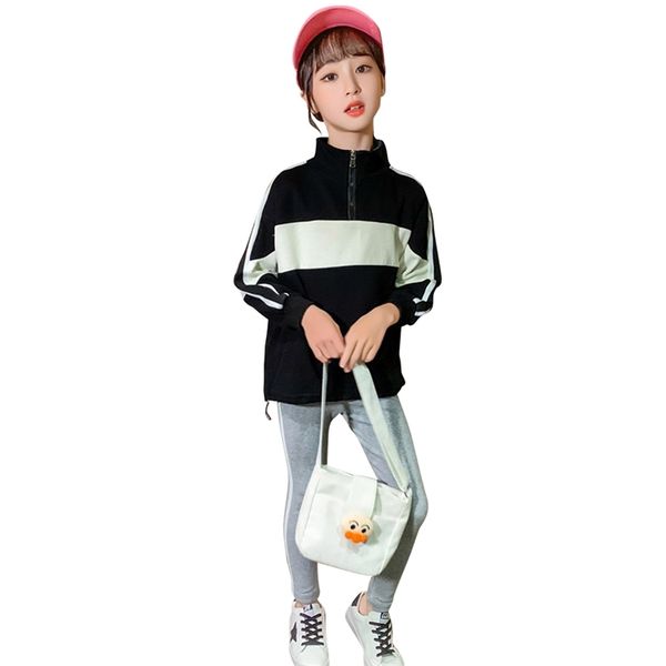 teen girls clothing patchwork suit for sweatshirt + leggings clothes fake zippers children's 6 8 10 12 14 210528, White