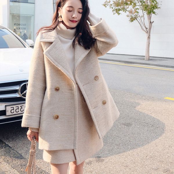 a short style skirt two pieces winter woolen ensemble 2 piece female coat + high waist, White
a short style skirt two pieces winter woolen ensemble 2 piece female coat + high waist, White