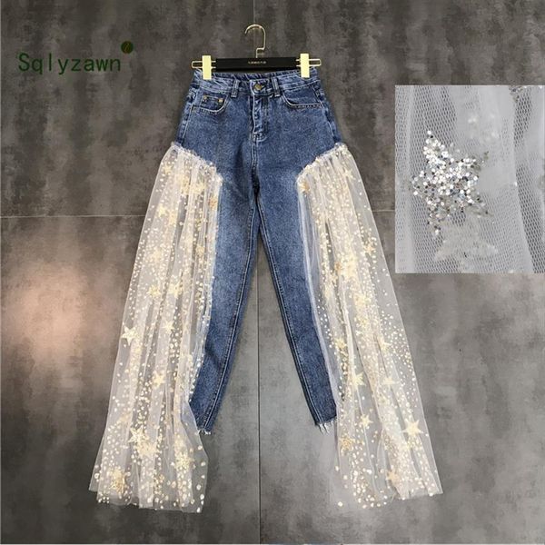 jeans high waist wide leg women pant denim irregular mesh tansparent star sequin summer trousers, Black;white
jeans high waist wide leg women pant denim irregular mesh tansparent star sequin summer trousers, Black;white