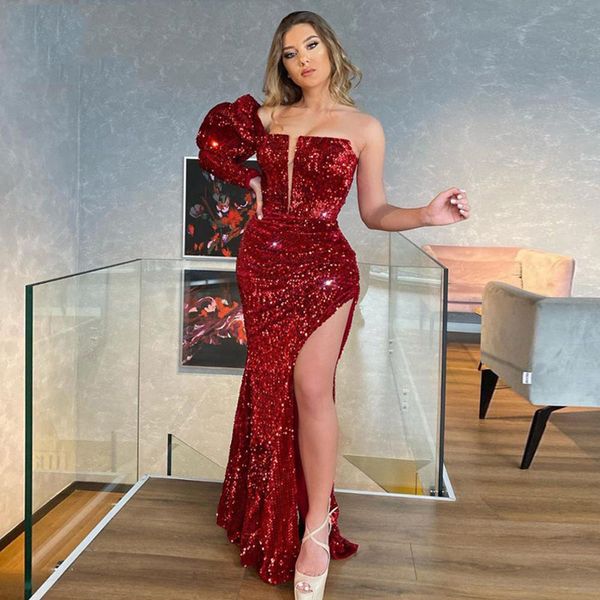 one shoulder sequins mermaid evening dresses high side split long sleeves sweep train prom gowns, Black;red
one shoulder sequins mermaid evening dresses high side split long sleeves sweep train prom gowns, Black;red