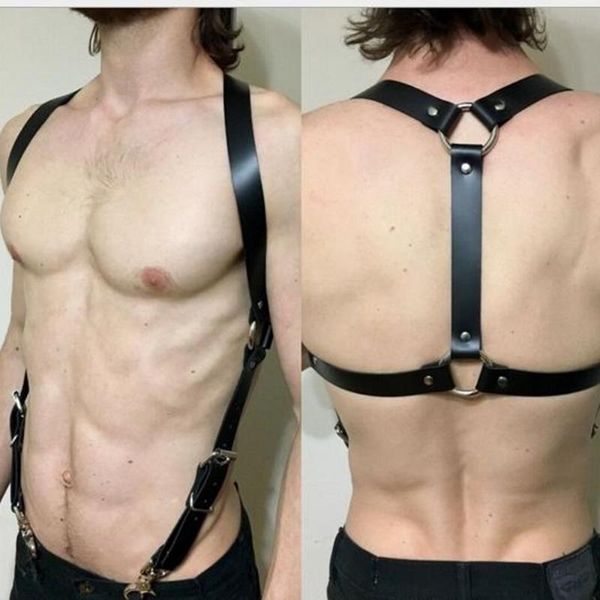 

bras sets men leather suspenders belt body bondage straps fashion adjustable trousers braces suspender with metal clips punk harness belts, Red;black