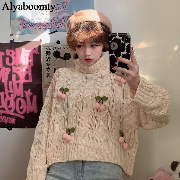 women's sweaters preppy style autumn winter women sweater turtleneck apricot wine red cherry pin short knitted pullover kawaii oversize, White;black
women's sweaters preppy style autumn winter women sweater turtleneck apricot wine red cherry pin short knitted pullover kawaii oversize, White;black
