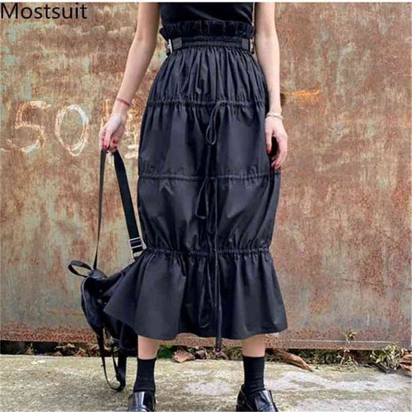 autumn black drawstring korean stylish high waist skirts women belt spliced vintage fashion cool girl a-line long 210513 
autumn black drawstring korean stylish high waist skirts women belt spliced vintage fashion cool girl a-line long 210513