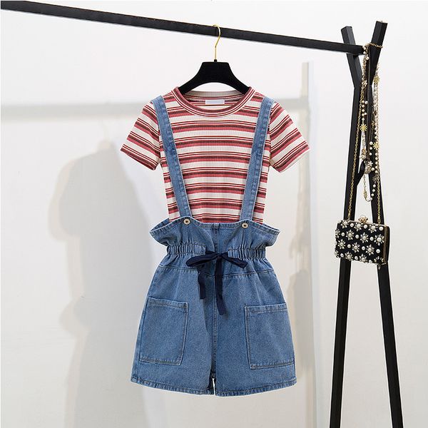 summer women short sleeves stripe t-shirt + elastic waist denim suspender trousers shorts two-piece set girls suits 210428, White
summer women short sleeves stripe t-shirt + elastic waist denim suspender trousers shorts two-piece set girls suits 210428, White