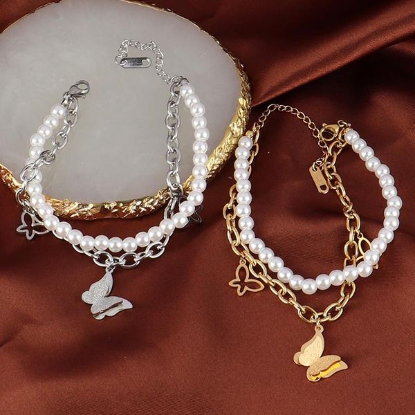 link, chain punk butterfly bracelet pearl double layer bracelets stainless steel for women pendant charm, Black
link, chain punk butterfly bracelet pearl double layer bracelets stainless steel for women pendant charm, Black