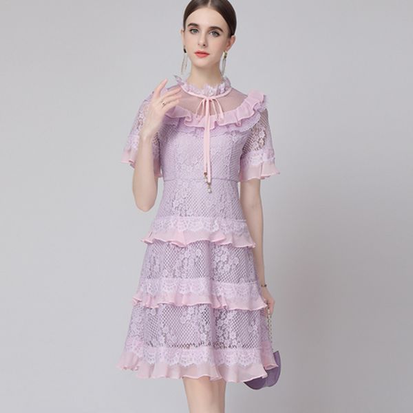 women's runway dresses o neck lace patchwork short sleeves ruffles elegant fashion dress, Black
women's runway dresses o neck lace patchwork short sleeves ruffles elegant fashion dress, Black