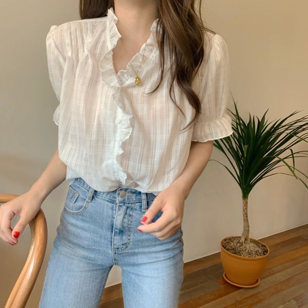 blouses blouses woman short sleeve ruffle trim v-neck loose slightly transparent lady office work blusas femme elegant women 4v5w wiov, White
blouses blouses woman short sleeve ruffle trim v-neck loose slightly transparent lady office work blusas femme elegant women 4v5w wiov, White