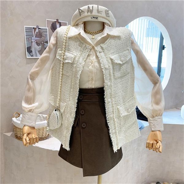 women's vests clothing 2021 autumn temperament suit tweed vest jacket + two-piece shirt, Black;white
women's vests clothing 2021 autumn temperament suit tweed vest jacket + two-piece shirt, Black;white