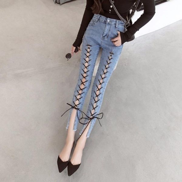 women's jeans summer women lace up hollow out slim fit elastic denim pencil pants skinny trousers high waist ladies streetwear, Blue
women's jeans summer women lace up hollow out slim fit elastic denim pencil pants skinny trousers high waist ladies streetwear, Blue