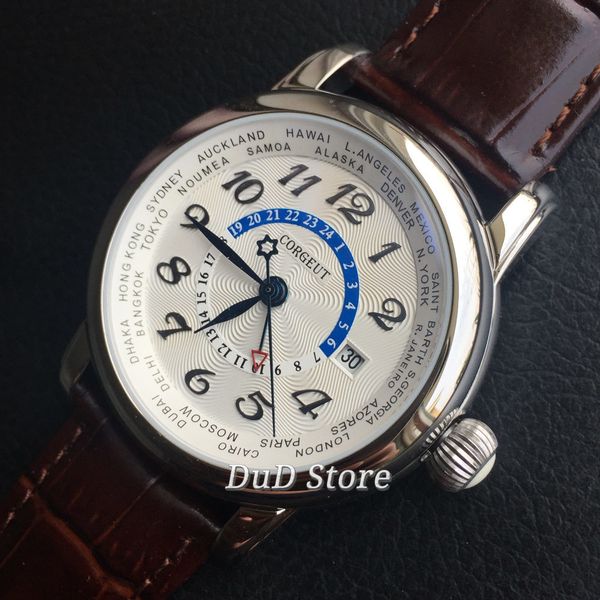 corgeut 4m fashion clock sier polished stainless case white ironing board coffee leather band gmt automatic mens watch, Slivery;brown
corgeut 4m fashion clock sier polished stainless case white ironing board coffee leather band gmt automatic mens watch, Slivery;brown