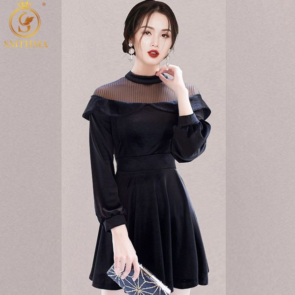 autumn runway vintage black party dresses women's korean chic style mesh patchwork elegant vestido da festa 210520, Black;gray 
autumn runway vintage black party dresses women's korean chic style mesh patchwork elegant vestido da festa 210520, Black;gray