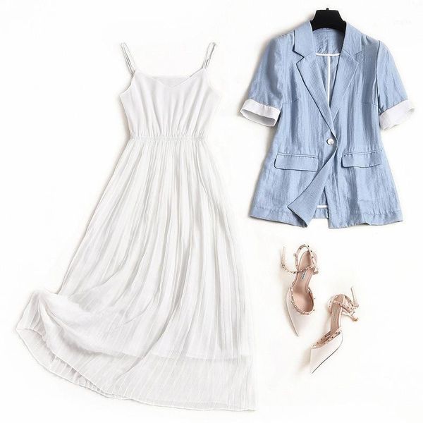 women one button blazer suit short sleeve blue cotton jacket spaghetti strap white dress office plus size two piece outfit
women one button blazer suit short sleeve blue cotton jacket spaghetti strap white dress office plus size two piece outfit