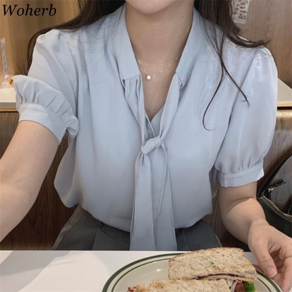 women shirts chic lace up bow elegant blusas mujer summer blouses office lady korean temperament chiffon blouse 210519, White
women shirts chic lace up bow elegant blusas mujer summer blouses office lady korean temperament chiffon blouse 210519, White