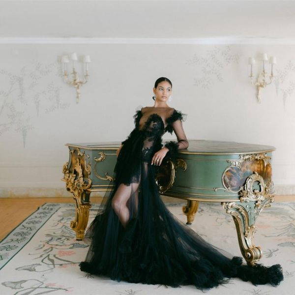 casual dresses see thru tulle long length sleeves with train backless lace ruffles women po shoot gowns plus size, Black;gray
casual dresses see thru tulle long length sleeves with train backless lace ruffles women po shoot gowns plus size, Black;gray