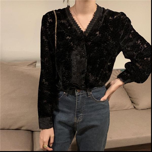 black women shirts velvet v neck chic gentle loose dark flowers office lady all match elegant blouses, White
black women shirts velvet v neck chic gentle loose dark flowers office lady all match elegant blouses, White