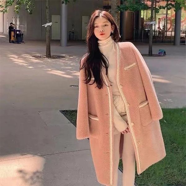 women's wool & blends coat winter long fragrant lamb female v-neck pink white blue jacket, Black
women's wool & blends coat winter long fragrant lamb female v-neck pink white blue jacket, Black