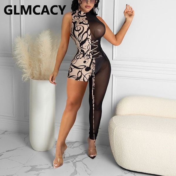 women sleeveless mesh insert jumpsuits lace up front party clubwear overalls 210702, Black;white
women sleeveless mesh insert jumpsuits lace up front party clubwear overalls 210702, Black;white