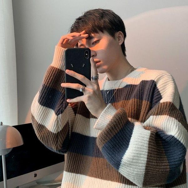 men's sweaters thick thread striped sweater autumn and winter loose round neck korean couple pullover, White;black
men's sweaters thick thread striped sweater autumn and winter loose round neck korean couple pullover, White;black