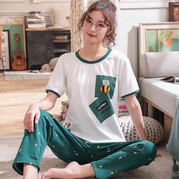 sleepwear pajamas women set plus size loose pyjama cotton short sleeve long pants sleepwear cartoon female homewear pijama nightsuit mujer, Black;red 
sleepwear pajamas women set plus size loose pyjama cotton short sleeve long pants sleepwear cartoon female homewear pijama nightsuit mujer, Black;red