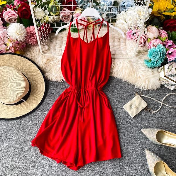 women's jumpsuits & rompers singrain women summer cross strap 2021 simple solid jumpuits backless vacation beach wide leg short, Black;white