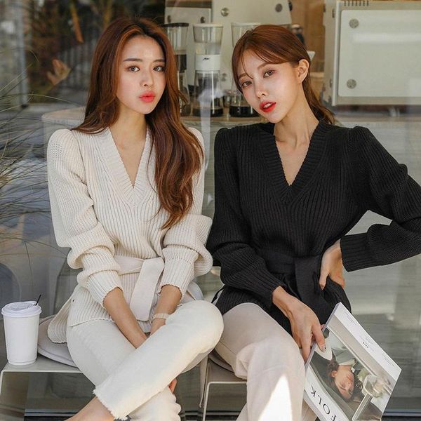women's sweaters 2021 fall winter sweater women vintage v-neck wear a belt loose female korean knitting cotton casual long pullovers, White;black
women's sweaters 2021 fall winter sweater women vintage v-neck wear a belt loose female korean knitting cotton casual long pullovers, White;black
