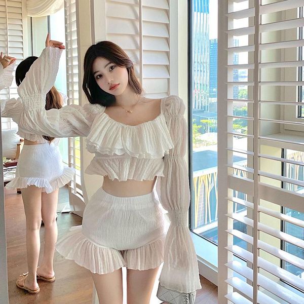 women's tracksuits stretch crop shorts beach two piece set women flare long sleeve square collar shirt + ruffles 2 sets, Gray
women's tracksuits stretch crop shorts beach two piece set women flare long sleeve square collar shirt + ruffles 2 sets, Gray