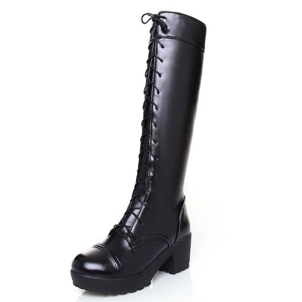 boots fashion square heel round toe lace-up high woman booties knee-high cross-tied winter comfy female large size 43, Black 
boots fashion square heel round toe lace-up high woman booties knee-high cross-tied winter comfy female large size 43, Black