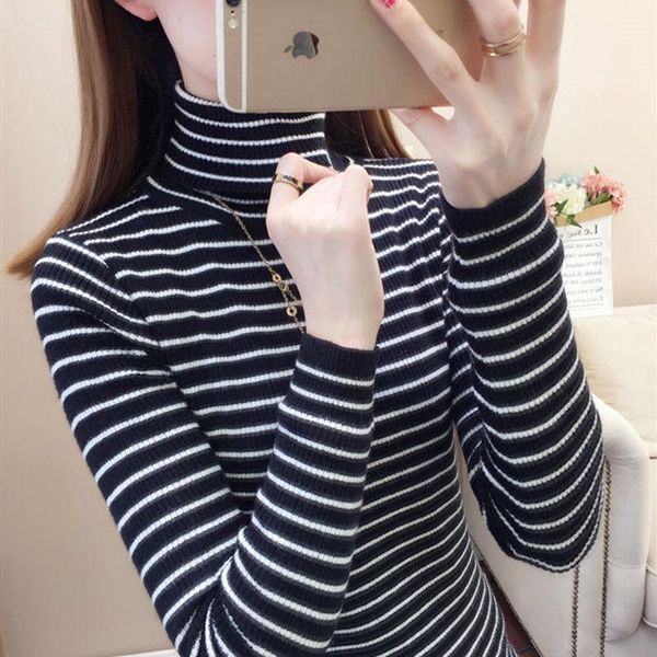 women's sweaters 2021 autumn winter women fashion pullovers female high collar plus velvet warm korean loose striped knit sweater w167, White;black
women's sweaters 2021 autumn winter women fashion pullovers female high collar plus velvet warm korean loose striped knit sweater w167, White;black