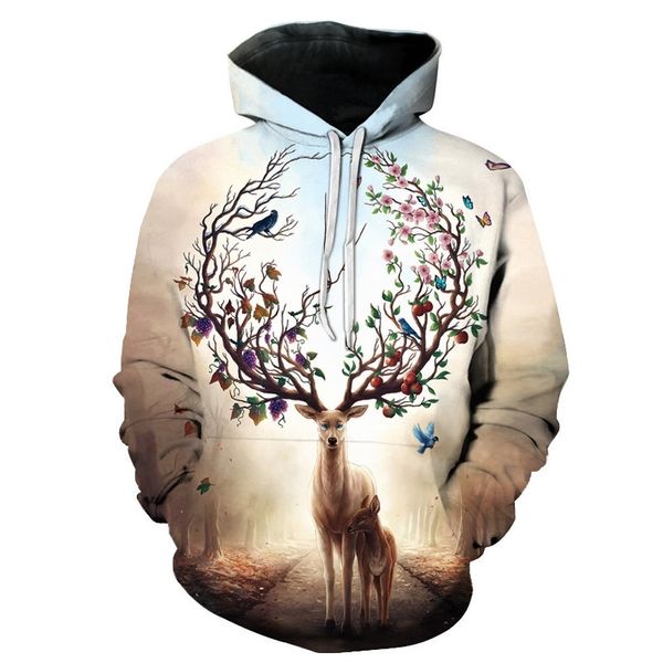 3d sika deer print pocket pullover fashion hat and women's sweater, Black 
3d sika deer print pocket pullover fashion hat and women's sweater, Black
