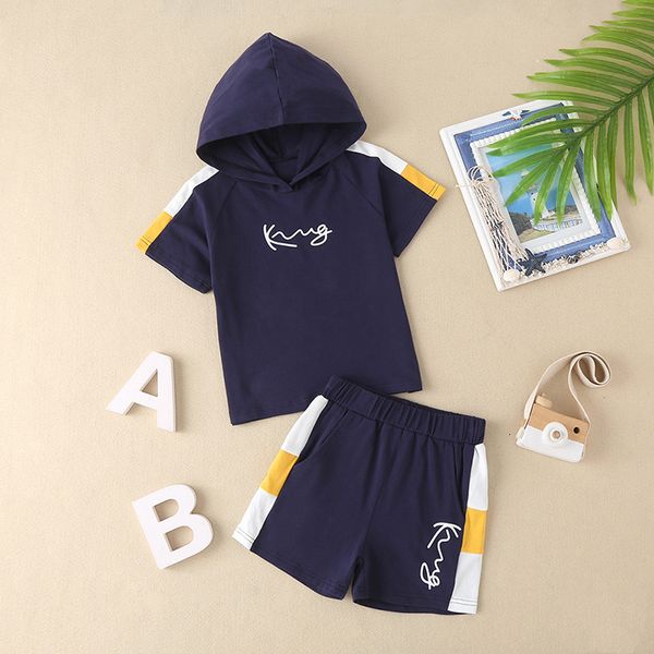 boys' version english letters style hooded boys' cool suit summer short sleeve handsome men's wear, Blue 
boys' version english letters style hooded boys' cool suit summer short sleeve handsome men's wear, Blue