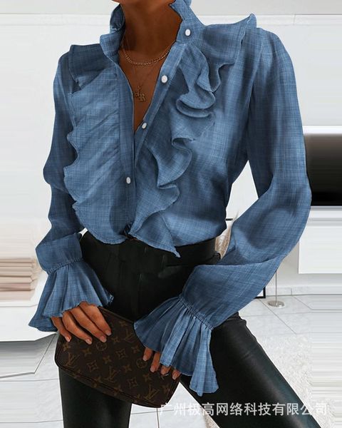 women's t-shirt european and american 2021 summer fashion cowboy point ruffle long sleeve shirt, White
women's t-shirt european and american 2021 summer fashion cowboy point ruffle long sleeve shirt, White