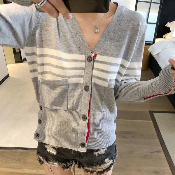 8519tb sailing knitting cardigan women's four bar stripe v-neck loose casual sweater long sleeve coat, White
8519tb sailing knitting cardigan women's four bar stripe v-neck loose casual sweater long sleeve coat, White
