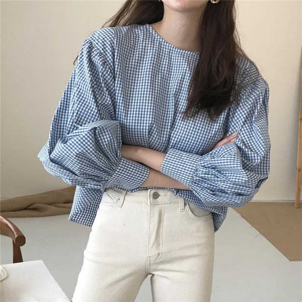 women's knits & tees korean plaid spring blouse shirts o-neck lantern sleeve green blue loose casual cotton sweet office lady, White
women's knits & tees korean plaid spring blouse shirts o-neck lantern sleeve green blue loose casual cotton sweet office lady, White