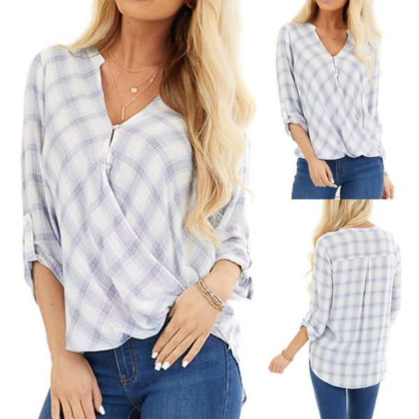 women's t-shirt plaid casual womens blouse roll up long sleeve v neck button lattice shirt print loose female 50, White
women's t-shirt plaid casual womens blouse roll up long sleeve v neck button lattice shirt print loose female 50, White
